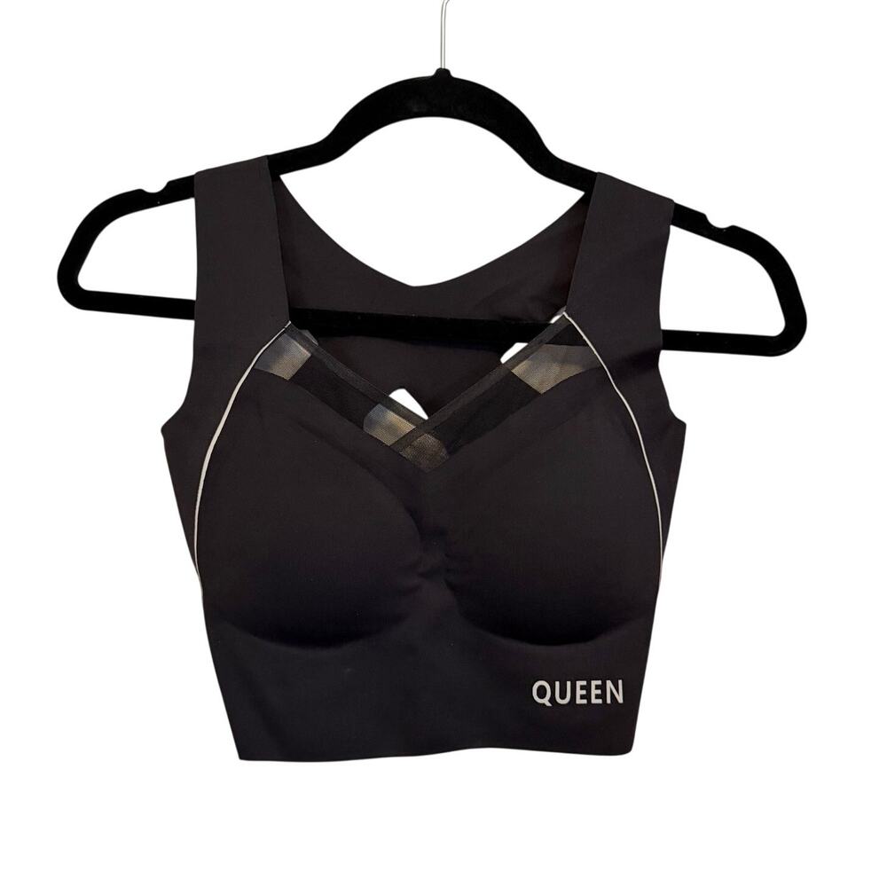 Queen Graphic Mesh Accent Sports Bra L Black Athleisure Comfy Workout Top Gym